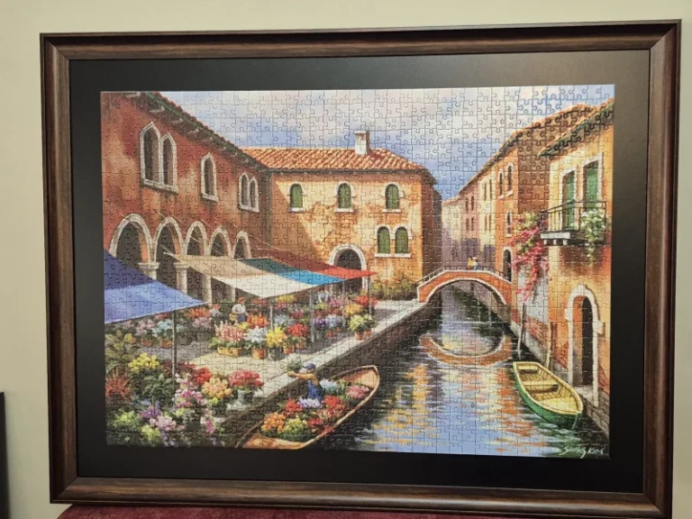 تابلو پازل ۱۰۰۰ قطعه از برند JIGSAW , عنوان اثر Flower market on the canal,قاب شده.